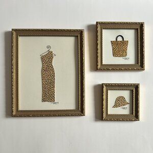 3 Vintage Framed Triptych Wall Art Fashion Textile Original Mixed media Collage